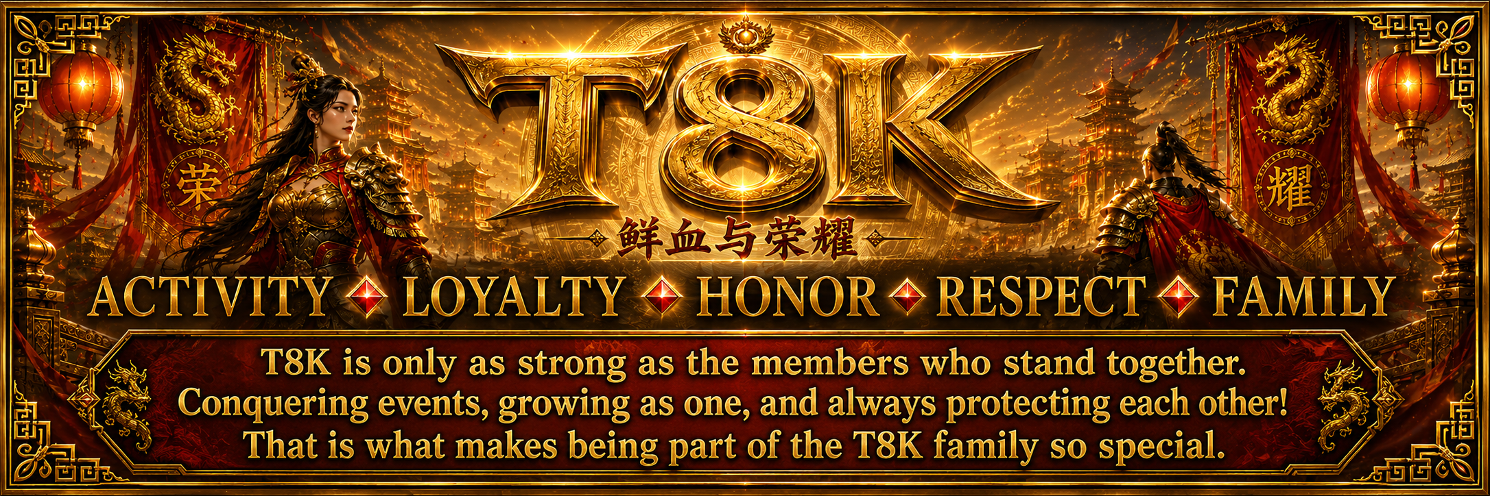 T8K Blood and Honor banner celebrating activity, loyalty, honor, respect, family, conquering events, growing as one, and protecting each other
